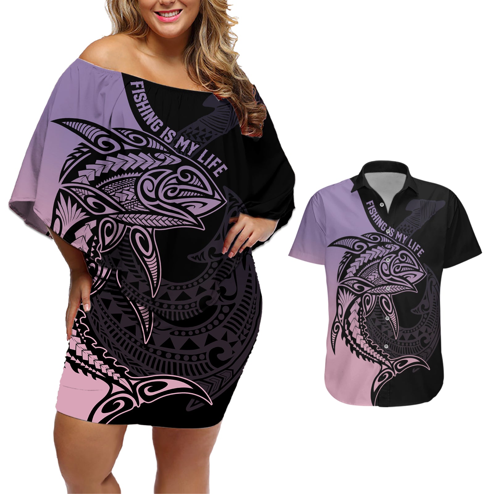 Personalised Polynesia Fishing Couples Matching Off Shoulder Short Dress and Hawaiian Shirt With Maori Hei Matau Fish Hook Pastel Art LT9 - Wonder Print Shop