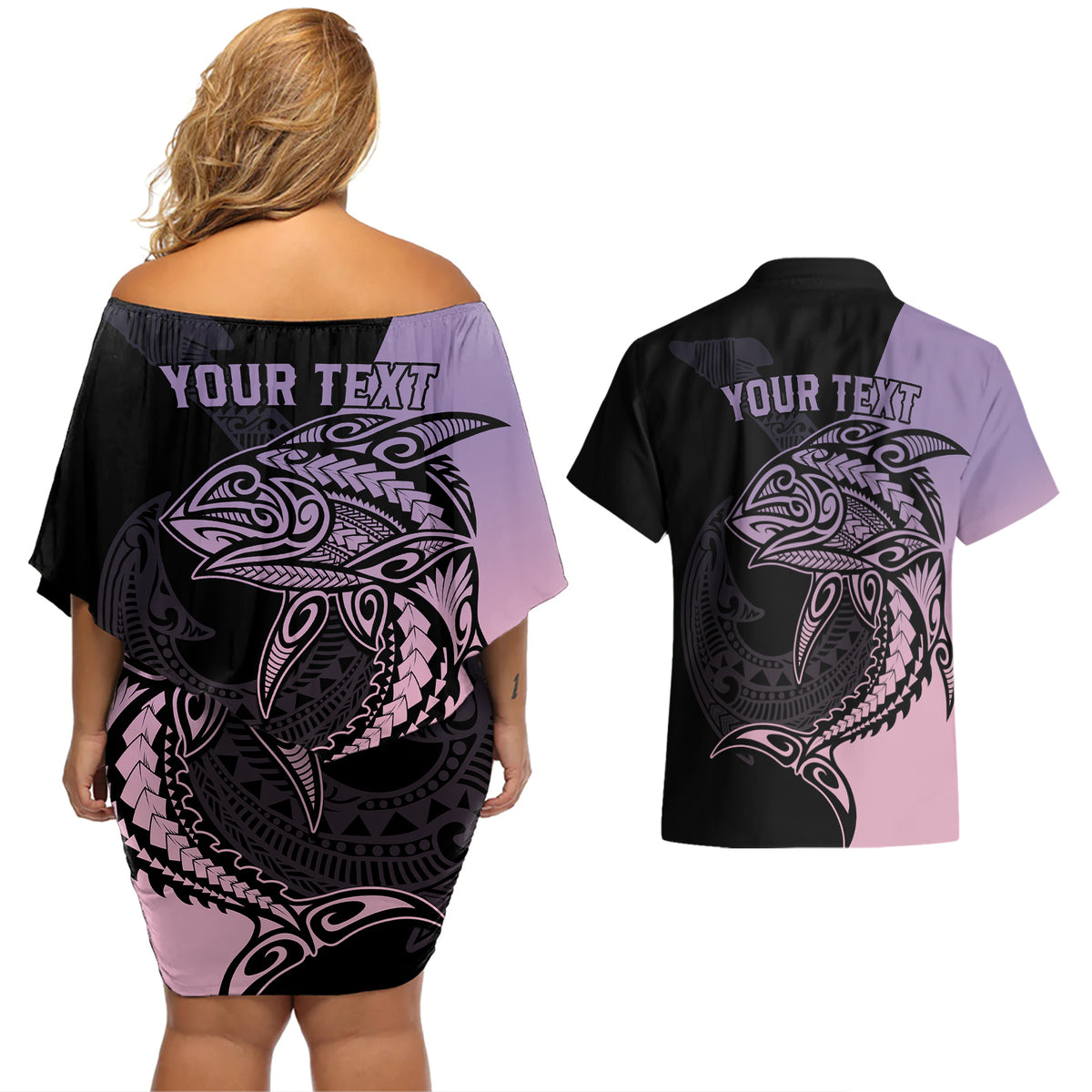 Personalised Polynesia Fishing Couples Matching Off Shoulder Short Dress and Hawaiian Shirt With Maori Hei Matau Fish Hook Pastel Art LT9 - Wonder Print Shop