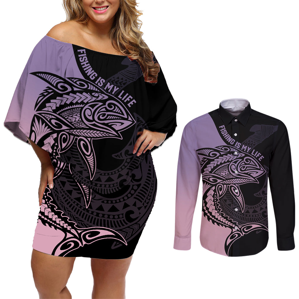 Personalised Polynesia Fishing Couples Matching Off Shoulder Short Dress and Long Sleeve Button Shirts With Maori Hei Matau Fish Hook Pastel Art LT9 - Wonder Print Shop