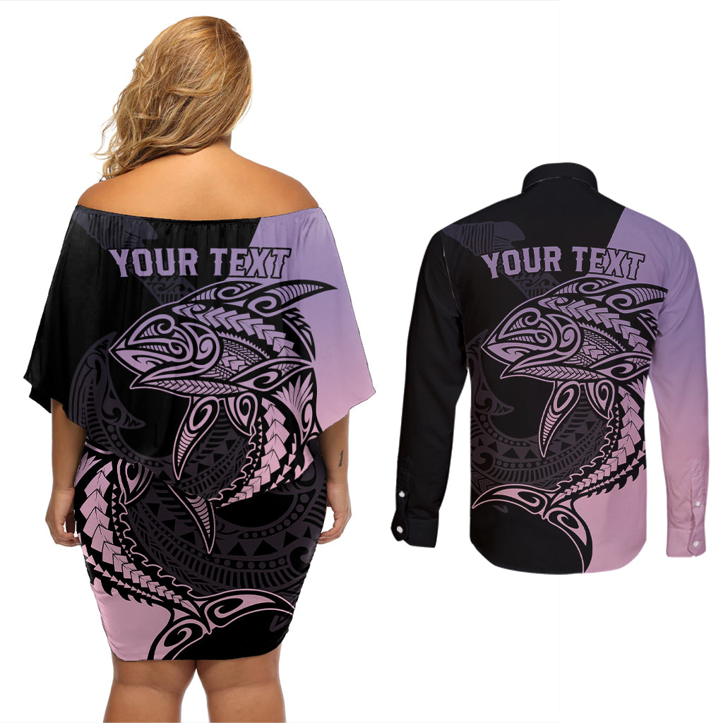 Personalised Polynesia Fishing Couples Matching Off Shoulder Short Dress and Long Sleeve Button Shirts With Maori Hei Matau Fish Hook Pastel Art LT9 - Wonder Print Shop