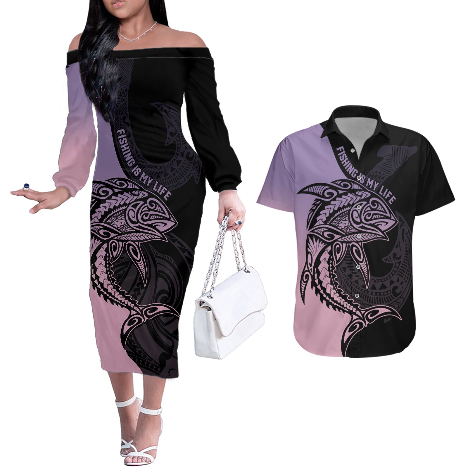 Personalised Polynesia Fishing Couples Matching Off The Shoulder Long Sleeve Dress and Hawaiian Shirt With Maori Hei Matau Fish Hook Pastel Art LT9 - Wonder Print Shop