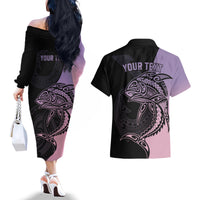 Personalised Polynesia Fishing Couples Matching Off The Shoulder Long Sleeve Dress and Hawaiian Shirt With Maori Hei Matau Fish Hook Pastel Art LT9 - Wonder Print Shop