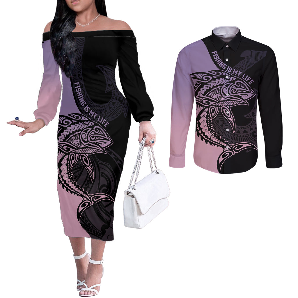 personalised-polynesia-fishing-couples-matching-off-the-shoulder-long-sleeve-dress-and-long-sleeve-button-shirts-with-maori-hei-matau-fish-hook-pastel-art