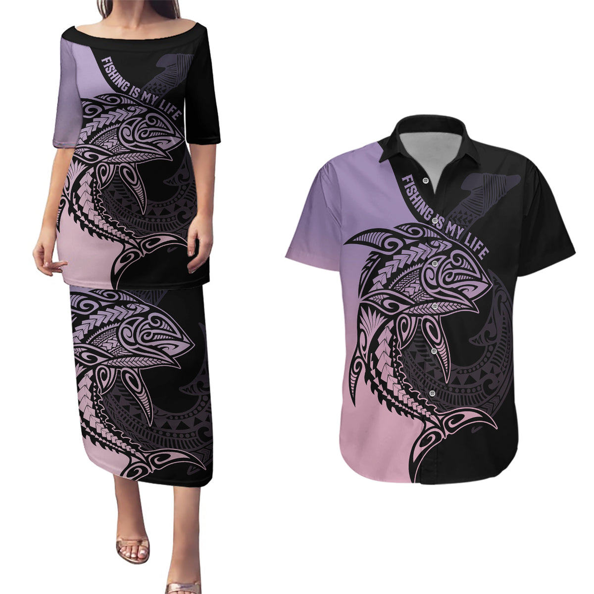 Personalised Polynesia Fishing Couples Matching Puletasi Dress and Hawaiian Shirt With Maori Hei Matau Fish Hook Pastel Art LT9 - Wonder Print Shop
