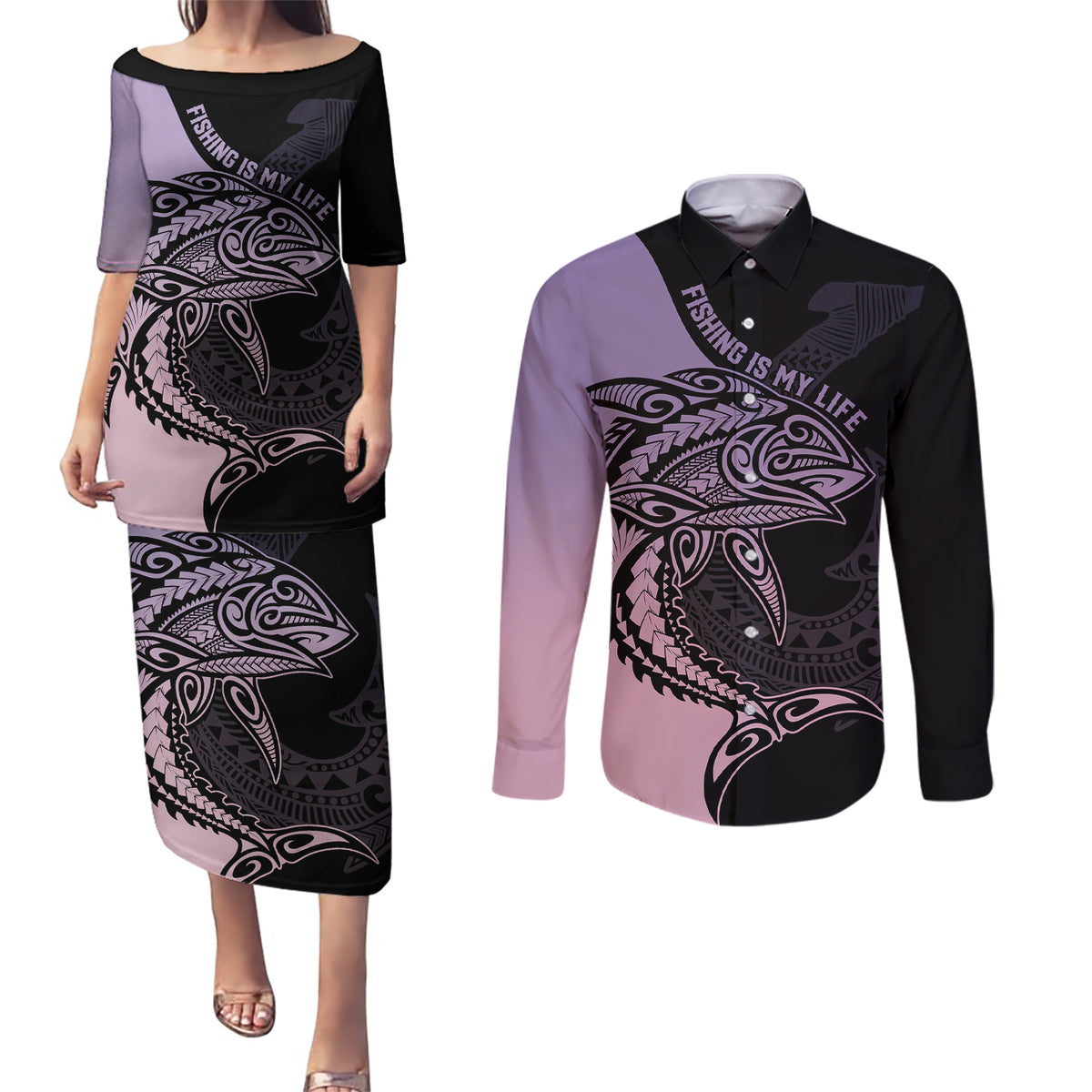 Personalised Polynesia Fishing Couples Matching Puletasi Dress and Long Sleeve Button Shirts With Maori Hei Matau Fish Hook Pastel Art LT9 - Wonder Print Shop