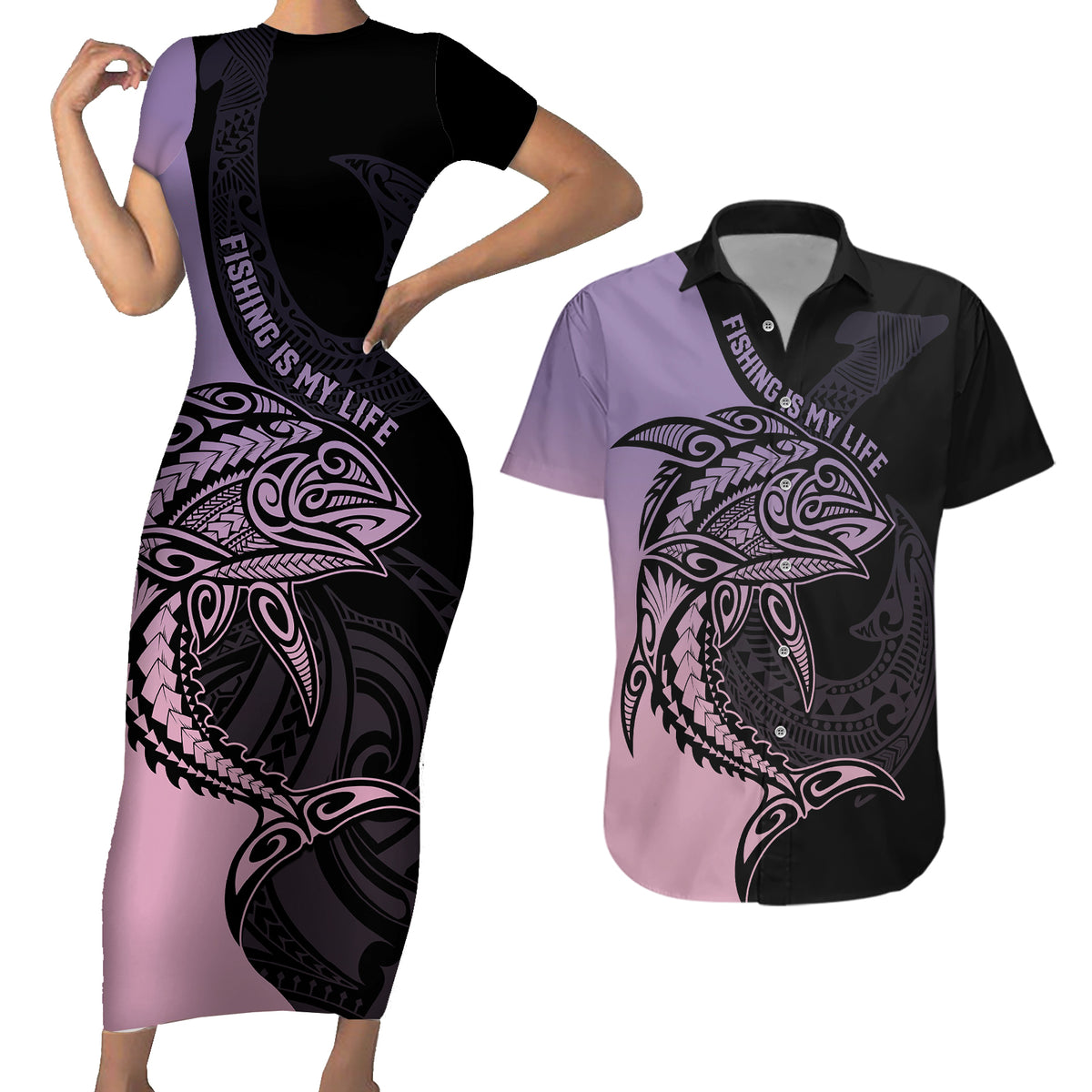Personalised Polynesia Fishing Couples Matching Short Sleeve Bodycon Dress and Hawaiian Shirt With Maori Hei Matau Fish Hook Pastel Art LT9 - Wonder Print Shop