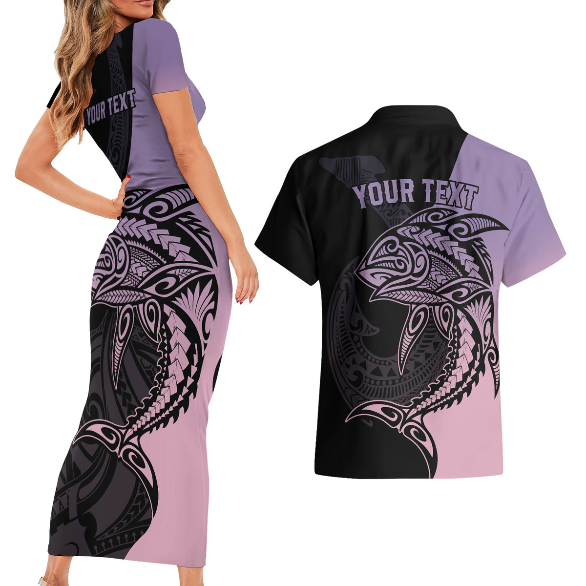 Personalised Polynesia Fishing Couples Matching Short Sleeve Bodycon Dress and Hawaiian Shirt With Maori Hei Matau Fish Hook Pastel Art LT9 - Wonder Print Shop