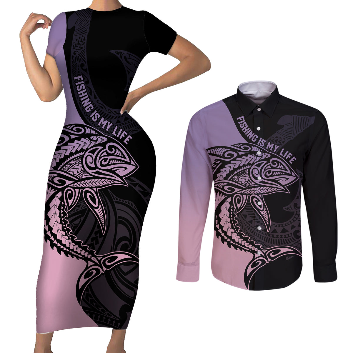 Personalised Polynesia Fishing Couples Matching Short Sleeve Bodycon Dress and Long Sleeve Button Shirts With Maori Hei Matau Fish Hook Pastel Art LT9 - Wonder Print Shop