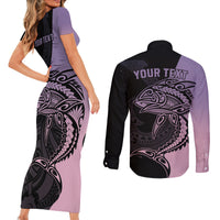 Personalised Polynesia Fishing Couples Matching Short Sleeve Bodycon Dress and Long Sleeve Button Shirts With Maori Hei Matau Fish Hook Pastel Art LT9 - Wonder Print Shop