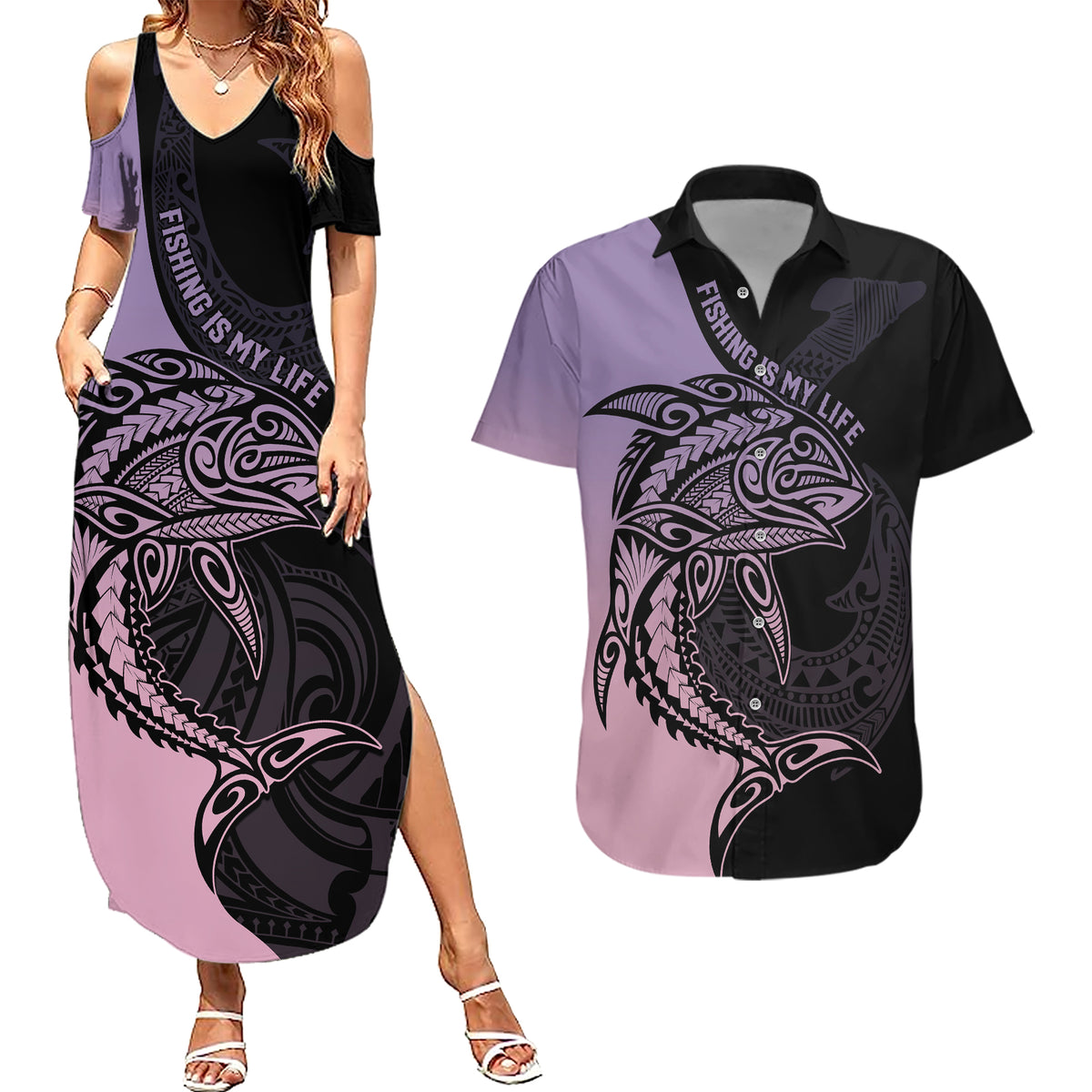 Personalised Polynesia Fishing Couples Matching Summer Maxi Dress and Hawaiian Shirt With Maori Hei Matau Fish Hook Pastel Art LT9 - Wonder Print Shop