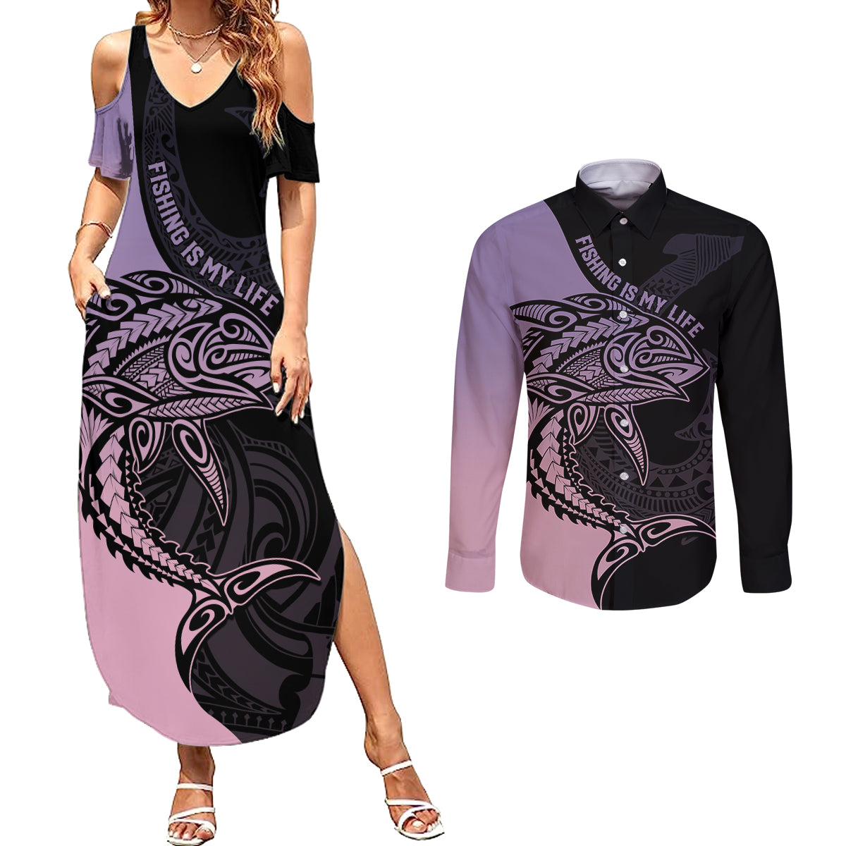 Personalised Polynesia Fishing Couples Matching Summer Maxi Dress and Long Sleeve Button Shirts With Maori Hei Matau Fish Hook Pastel Art LT9 - Wonder Print Shop