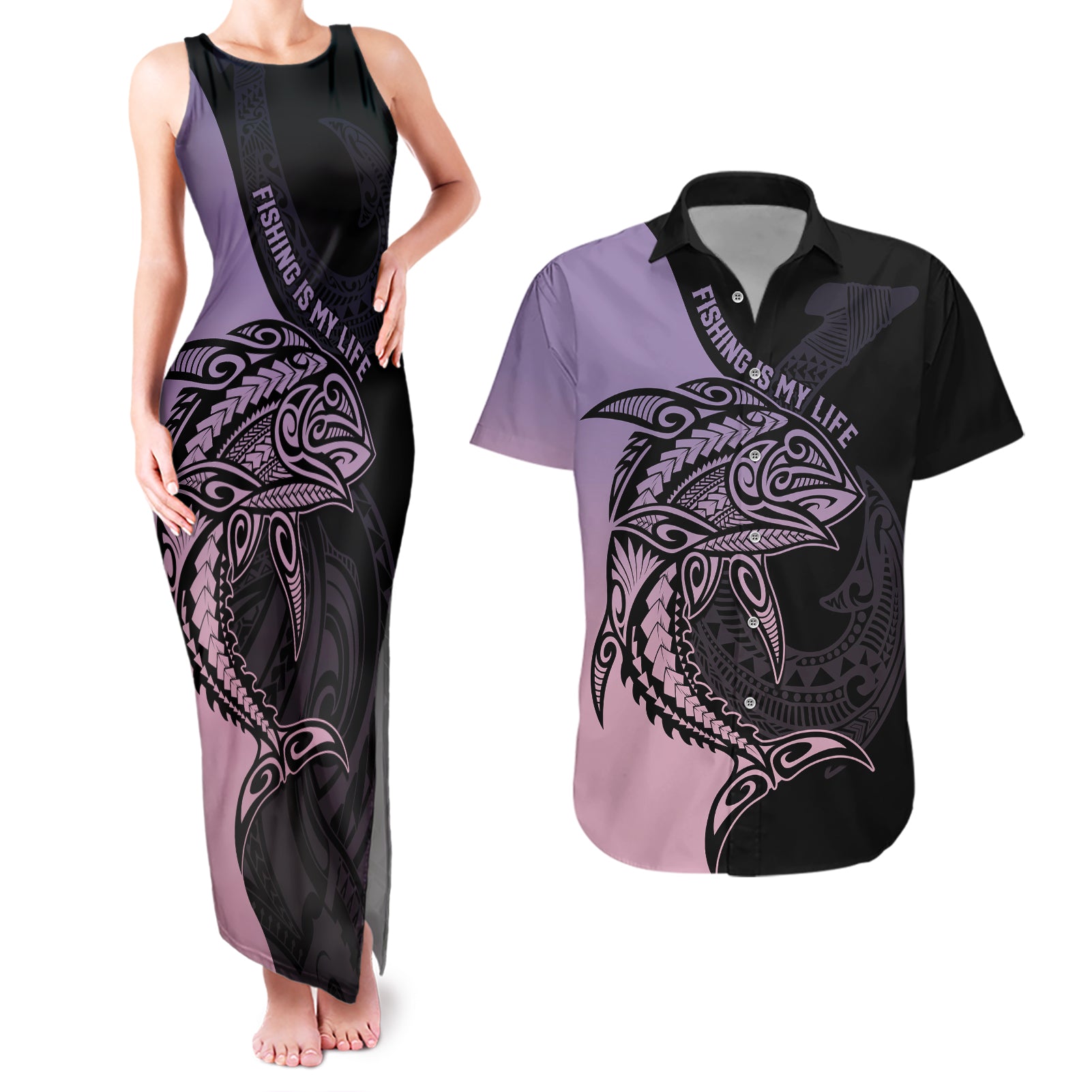 Personalised Polynesia Fishing Couples Matching Tank Maxi Dress and Hawaiian Shirt With Maori Hei Matau Fish Hook Pastel Art LT9 - Wonder Print Shop