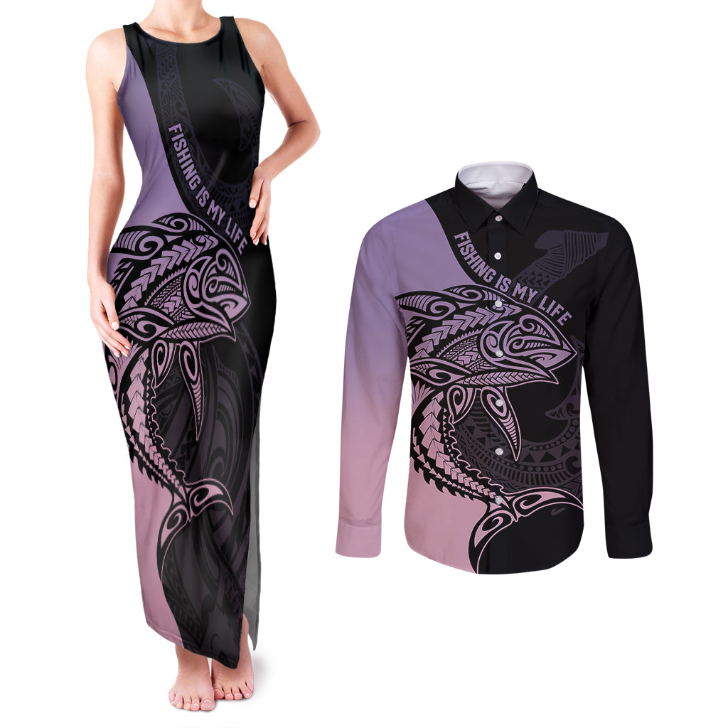 Personalised Polynesia Fishing Couples Matching Tank Maxi Dress and Long Sleeve Button Shirts With Maori Hei Matau Fish Hook Pastel Art LT9 - Wonder Print Shop