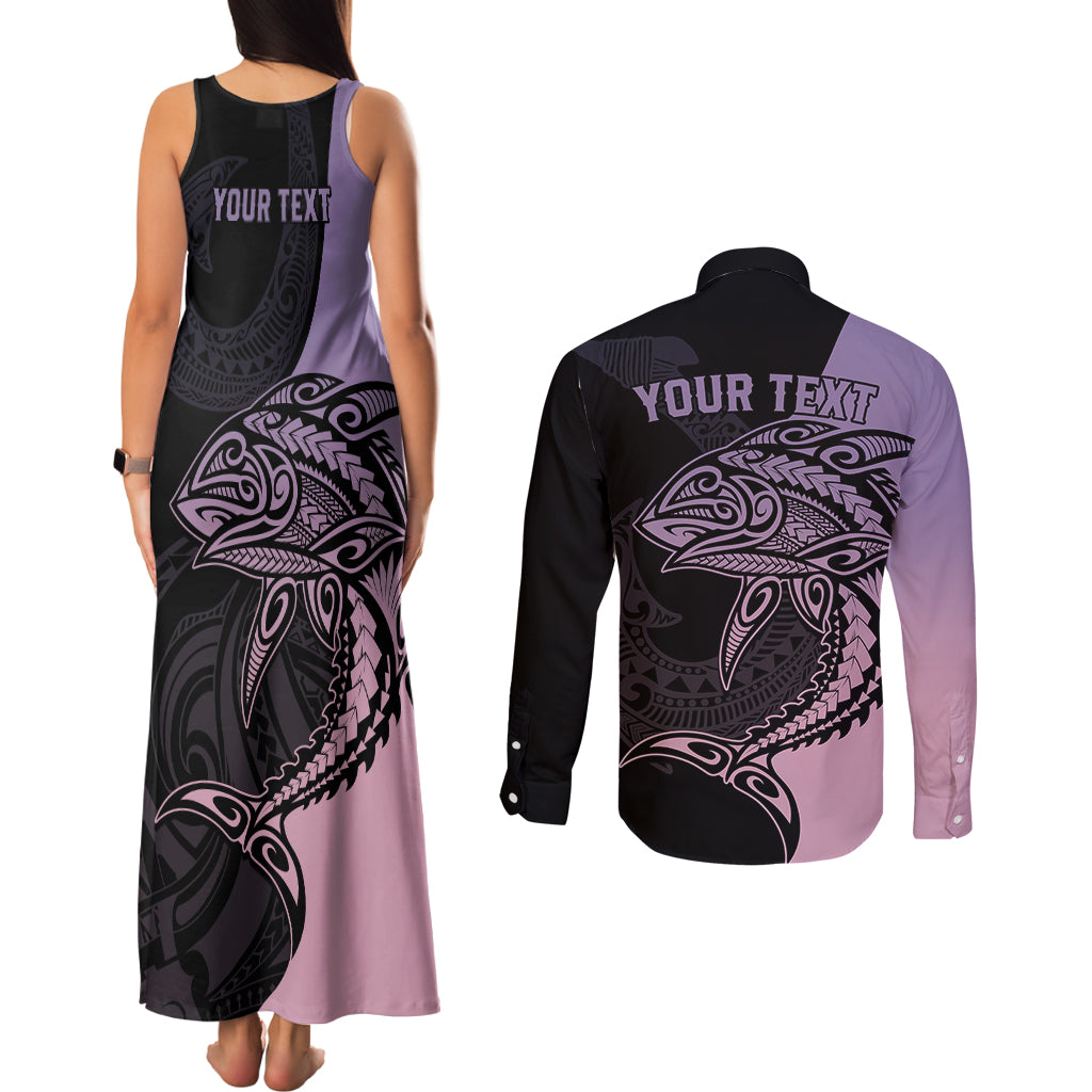 Personalised Polynesia Fishing Couples Matching Tank Maxi Dress and Long Sleeve Button Shirts With Maori Hei Matau Fish Hook Pastel Art LT9 - Wonder Print Shop