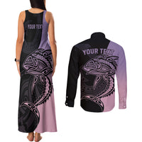 Personalised Polynesia Fishing Couples Matching Tank Maxi Dress and Long Sleeve Button Shirts With Maori Hei Matau Fish Hook Pastel Art LT9 - Wonder Print Shop