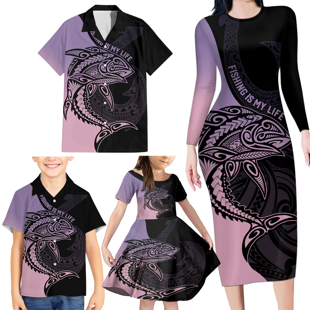 Personalised Polynesia Fishing Family Matching Long Sleeve Bodycon Dress and Hawaiian Shirt With Maori Hei Matau Fish Hook Pastel Art LT9 - Wonder Print Shop