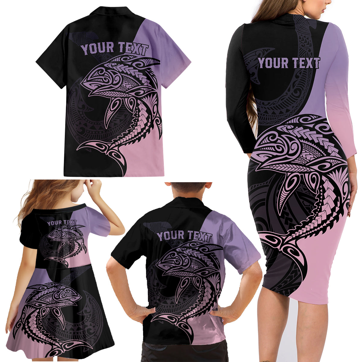Personalised Polynesia Fishing Family Matching Long Sleeve Bodycon Dress and Hawaiian Shirt With Maori Hei Matau Fish Hook Pastel Art LT9 - Wonder Print Shop