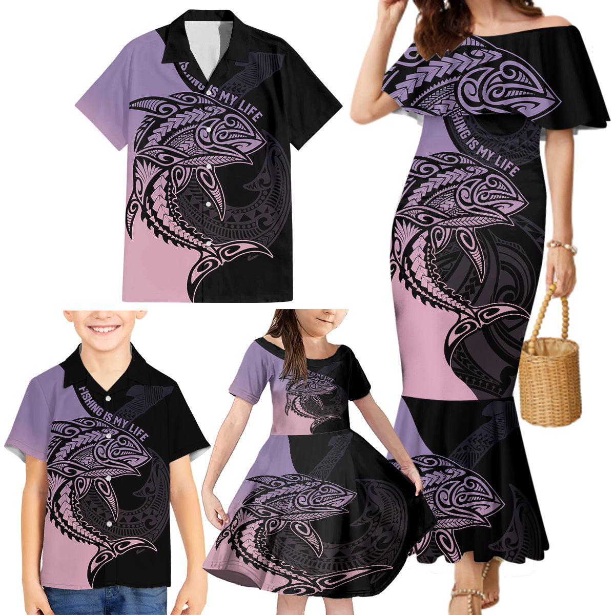 Personalised Polynesia Fishing Family Matching Mermaid Dress and Hawaiian Shirt With Maori Hei Matau Fish Hook Pastel Art LT9 - Wonder Print Shop