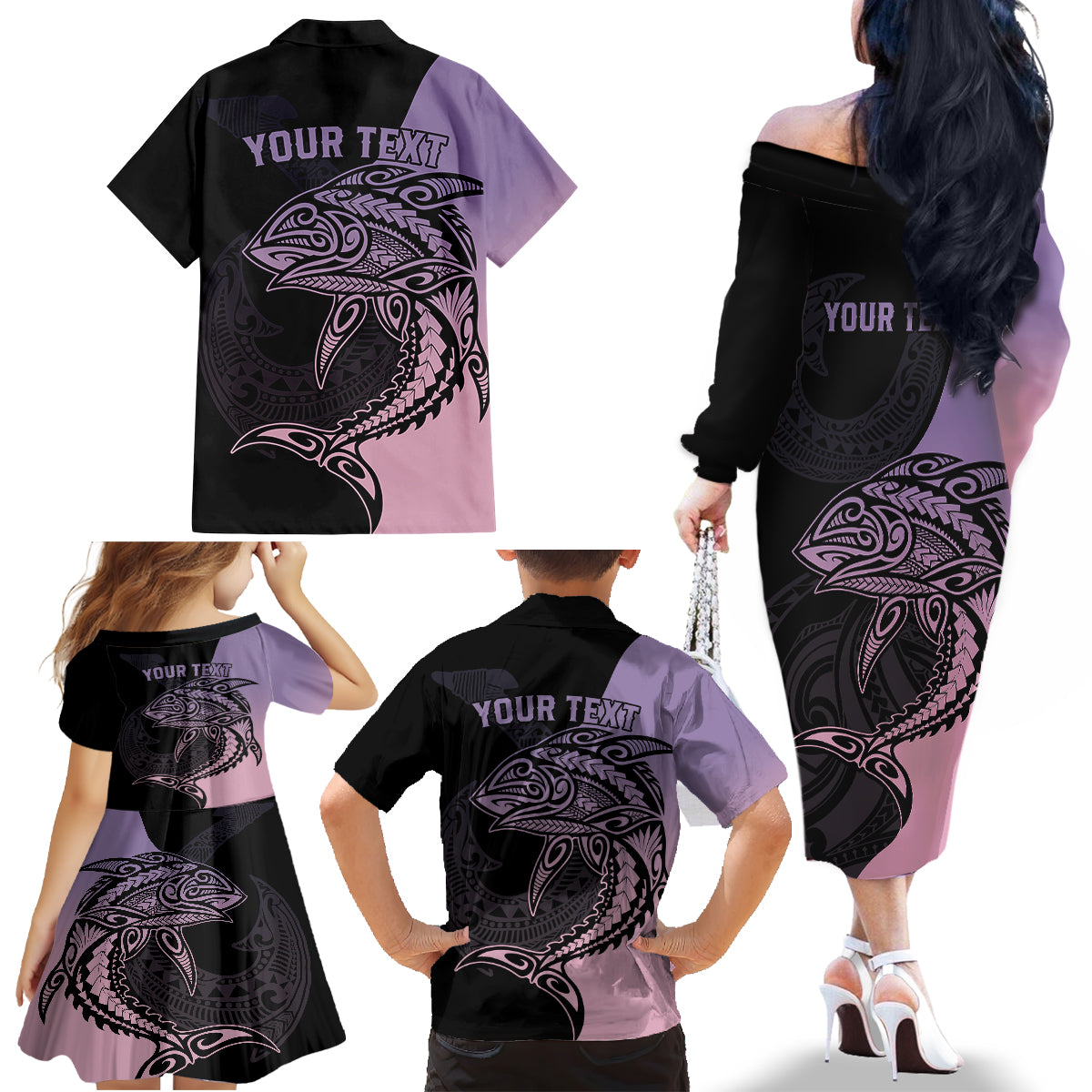 Personalised Polynesia Fishing Family Matching Off Shoulder Long Sleeve Dress and Hawaiian Shirt With Maori Hei Matau Fish Hook Pastel Art - Wonder Print Shop