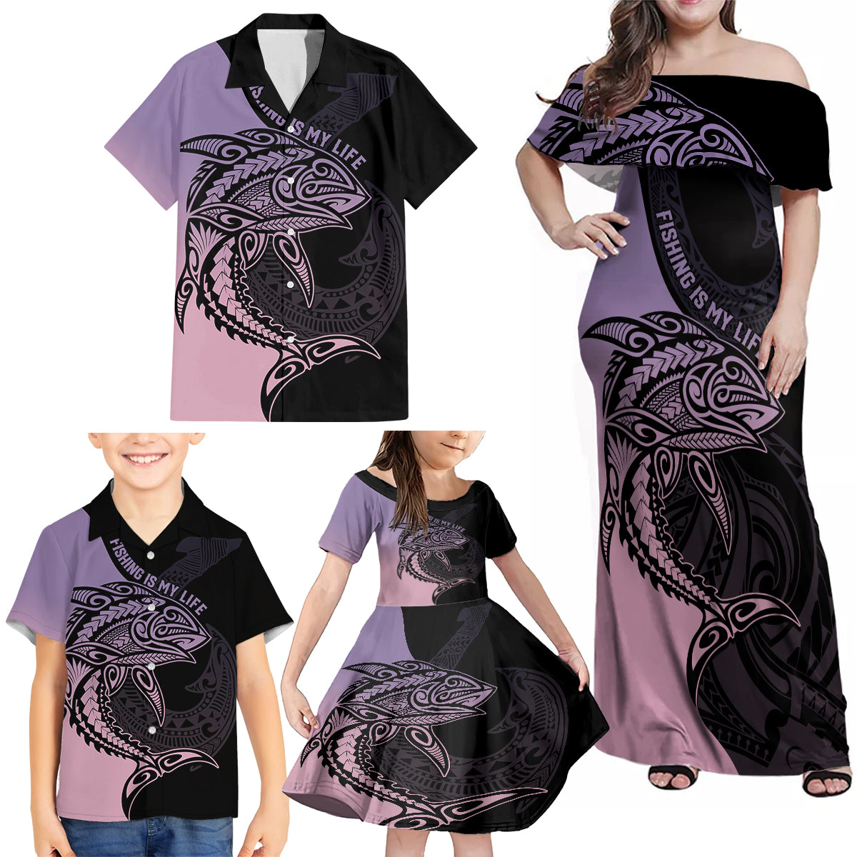 Personalised Polynesia Fishing Family Matching Off Shoulder Maxi Dress and Hawaiian Shirt With Maori Hei Matau Fish Hook Pastel Art LT9 - Wonder Print Shop