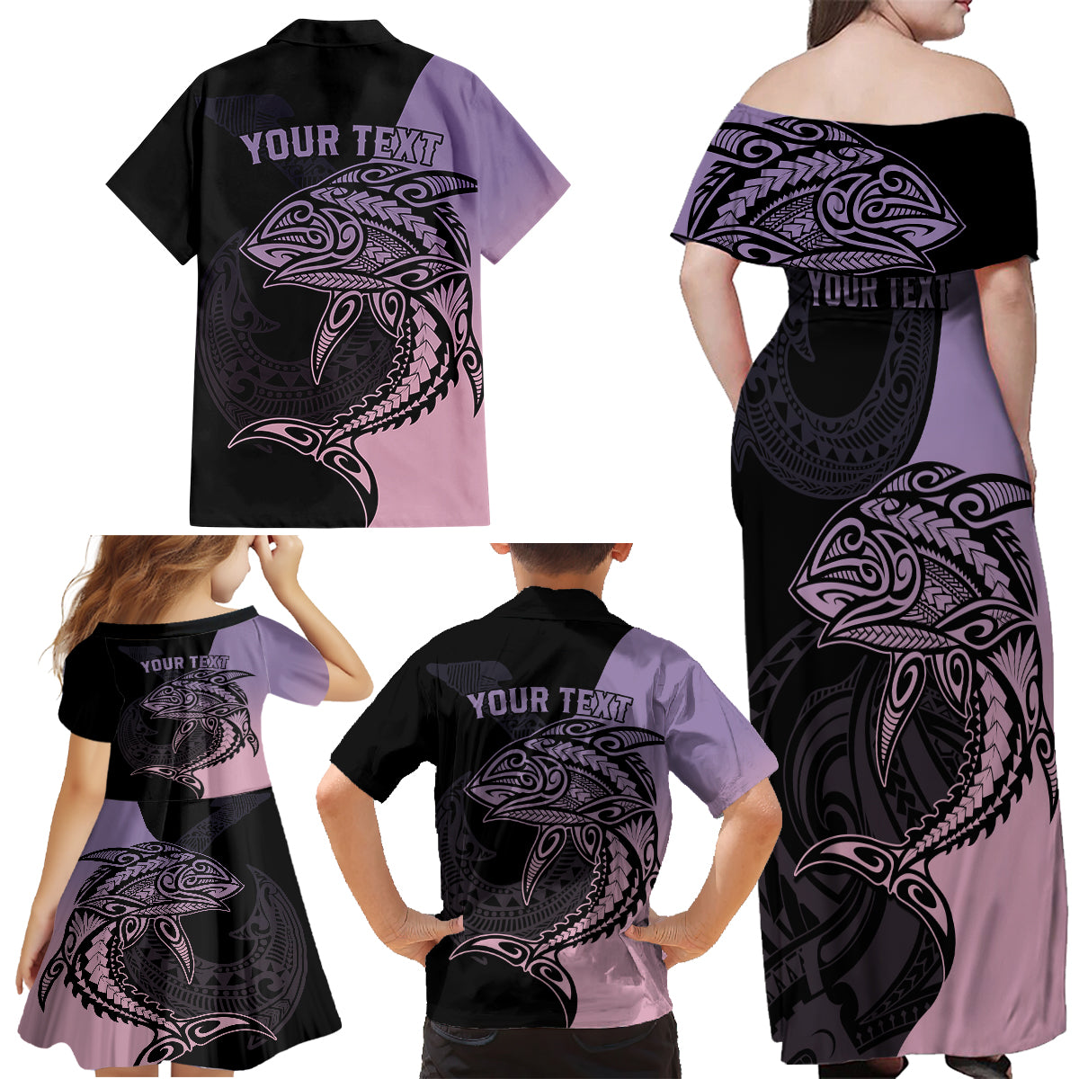Personalised Polynesia Fishing Family Matching Off Shoulder Maxi Dress and Hawaiian Shirt With Maori Hei Matau Fish Hook Pastel Art LT9 - Wonder Print Shop