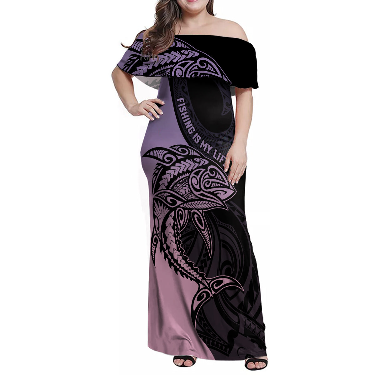 Personalised Polynesia Fishing Family Matching Off Shoulder Maxi Dress and Hawaiian Shirt With Maori Hei Matau Fish Hook Pastel Art LT9 - Wonder Print Shop