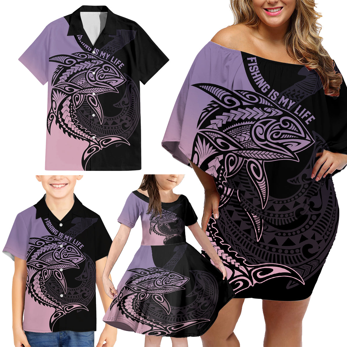 Personalised Polynesia Fishing Family Matching Off Shoulder Short Dress and Hawaiian Shirt With Maori Hei Matau Fish Hook Pastel Art LT9 - Wonder Print Shop