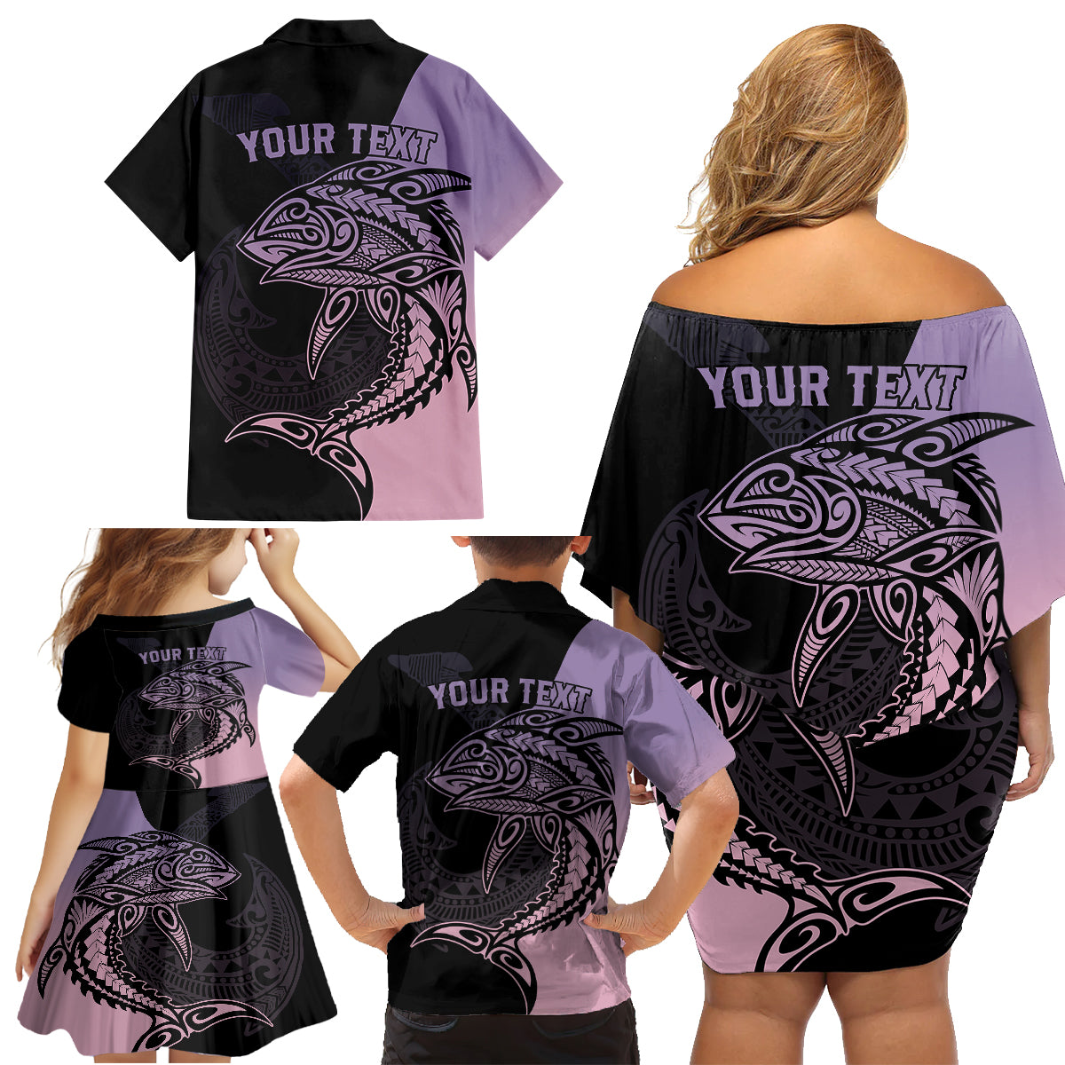 Personalised Polynesia Fishing Family Matching Off Shoulder Short Dress and Hawaiian Shirt With Maori Hei Matau Fish Hook Pastel Art LT9 - Wonder Print Shop