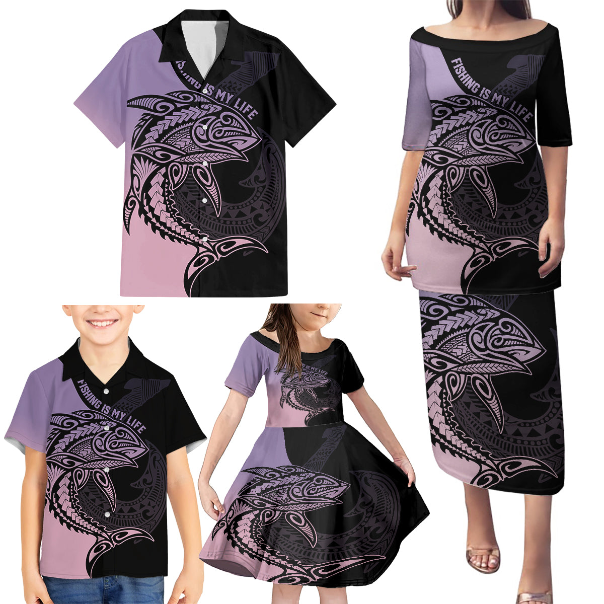 Personalised Polynesia Fishing Family Matching Puletasi Dress and Hawaiian Shirt With Maori Hei Matau Fish Hook Pastel Art - Wonder Print Shop