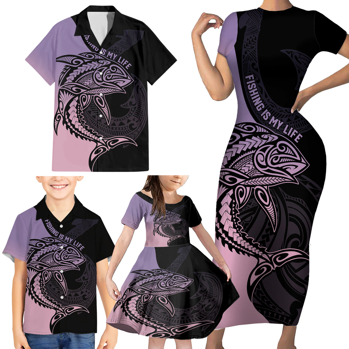 Personalised Polynesia Fishing Family Matching Short Sleeve Bodycon Dress and Hawaiian Shirt With Maori Hei Matau Fish Hook Pastel Art - Wonder Print Shop