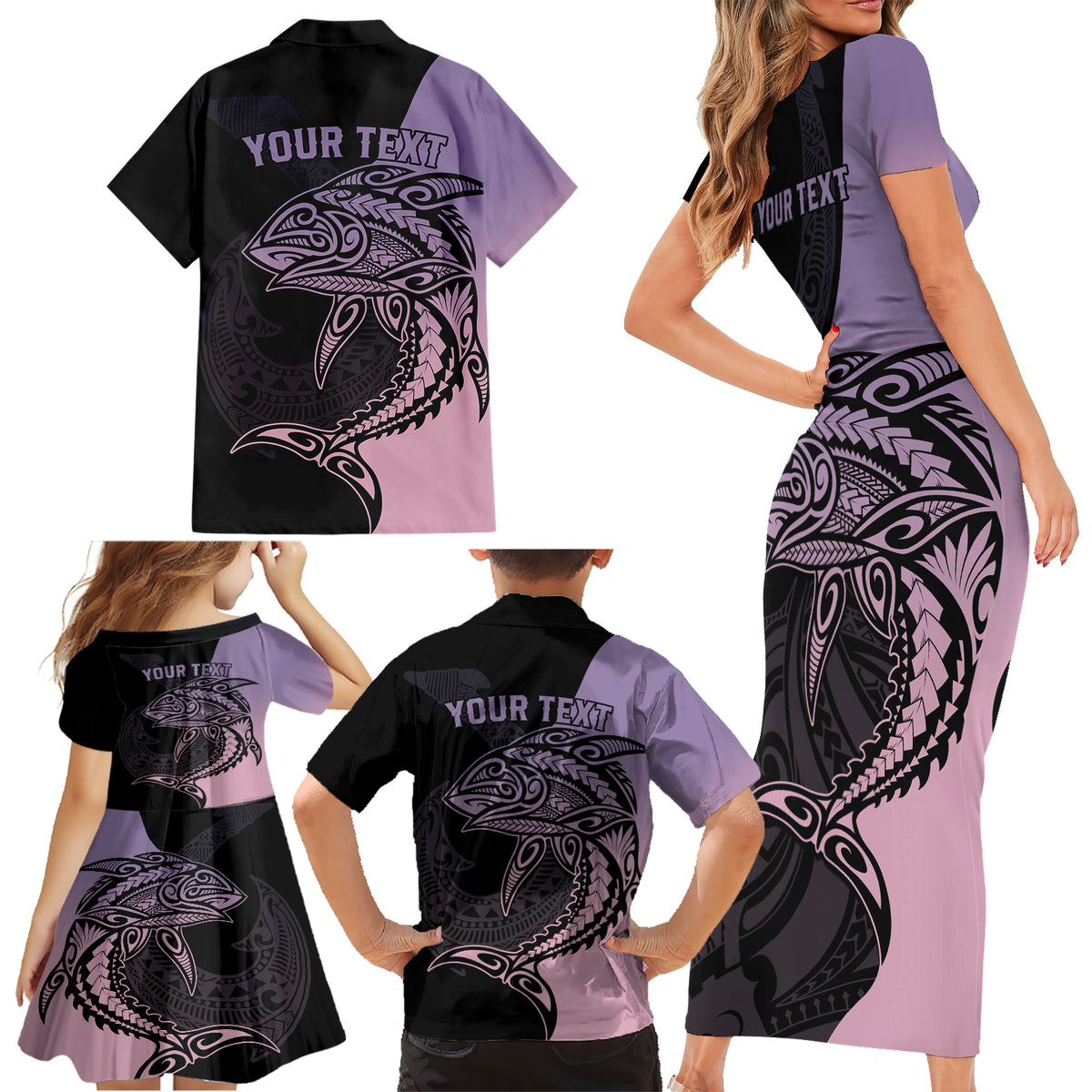 Personalised Polynesia Fishing Family Matching Short Sleeve Bodycon Dress and Hawaiian Shirt With Maori Hei Matau Fish Hook Pastel Art - Wonder Print Shop