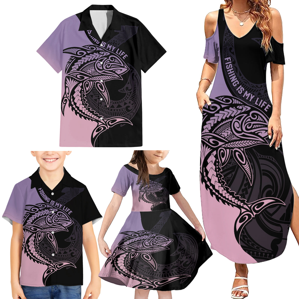 Personalised Polynesia Fishing Family Matching Summer Maxi Dress and Hawaiian Shirt With Maori Hei Matau Fish Hook Pastel Art - Wonder Print Shop