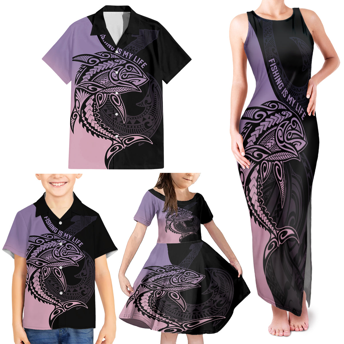 Personalised Polynesia Fishing Family Matching Tank Maxi Dress and Hawaiian Shirt With Maori Hei Matau Fish Hook Pastel Art - Wonder Print Shop