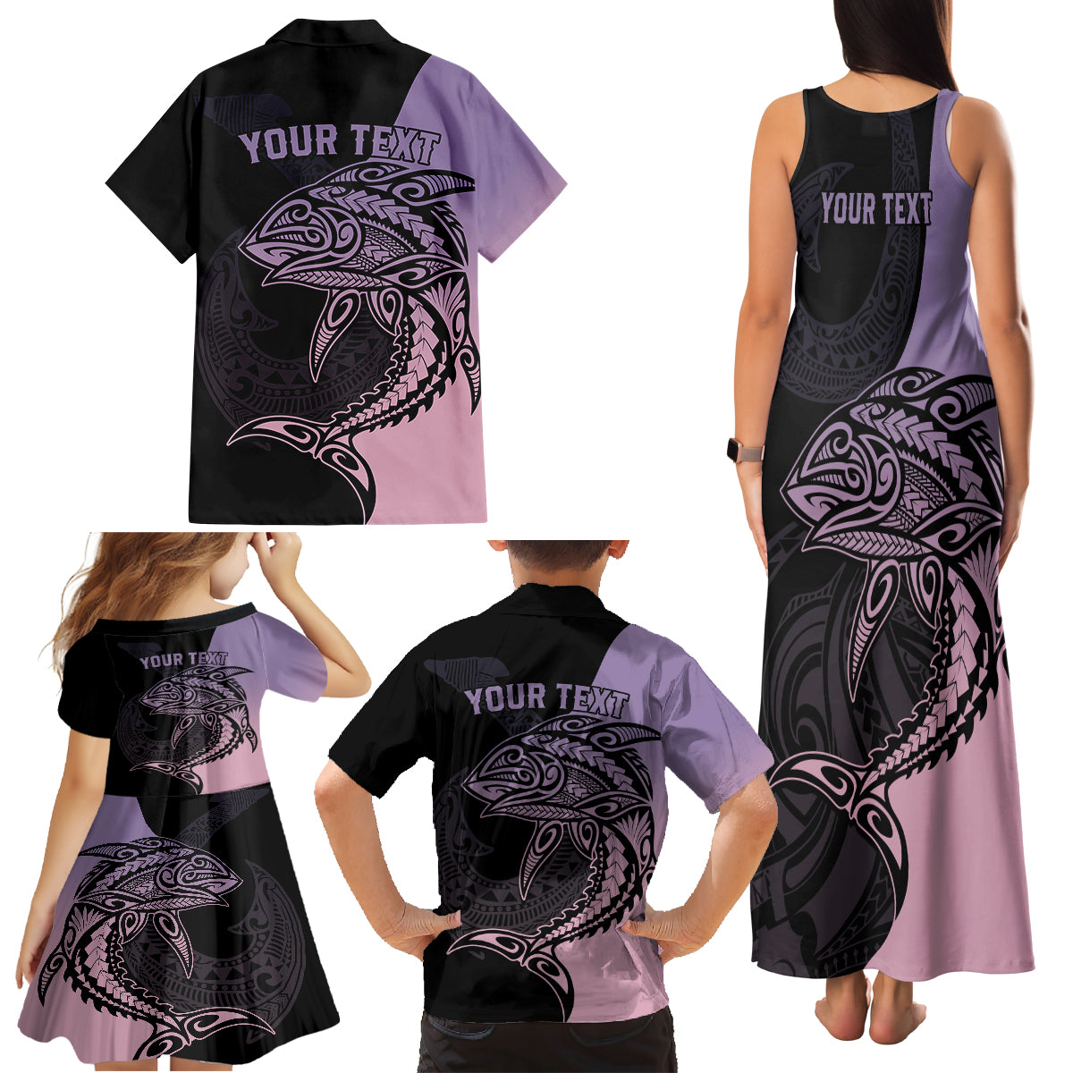 Personalised Polynesia Fishing Family Matching Tank Maxi Dress and Hawaiian Shirt With Maori Hei Matau Fish Hook Pastel Art - Wonder Print Shop