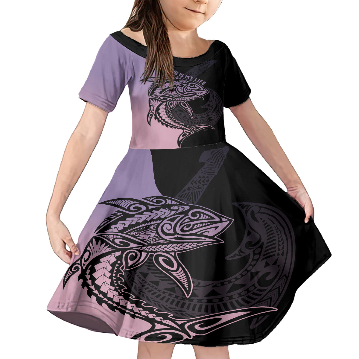 Personalised Polynesia Fishing Kid Short Sleeve Dress With Maori Hei Matau Fish Hook Pastel Art - Wonder Print Shop
