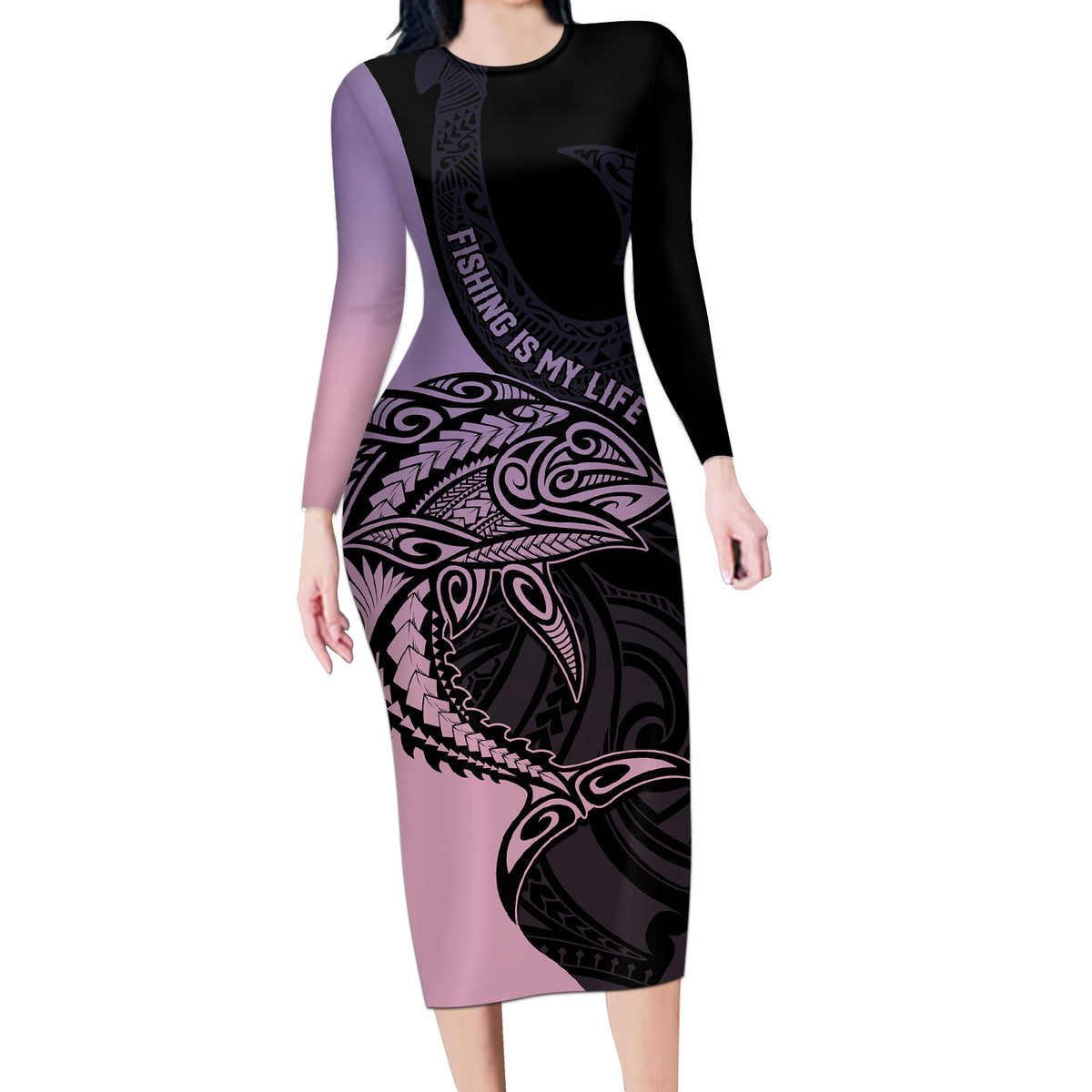 Personalised Polynesia Fishing Long Sleeve Bodycon Dress With Maori Hei Matau Fish Hook Pastel Art - Wonder Print Shop