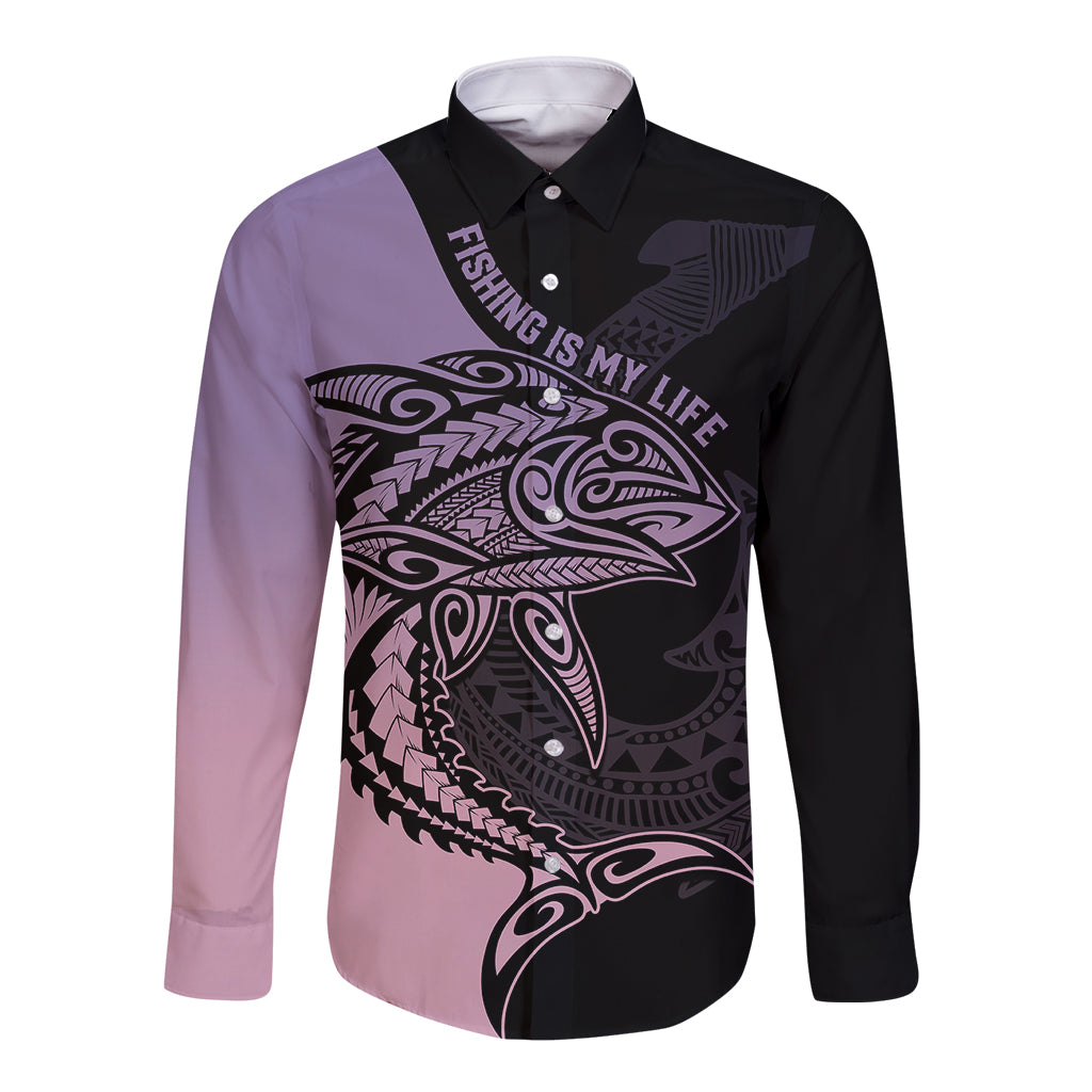 Personalised Polynesia Fishing Long Sleeve Button Shirt With Maori Hei Matau Fish Hook Pastel Art - Wonder Print Shop