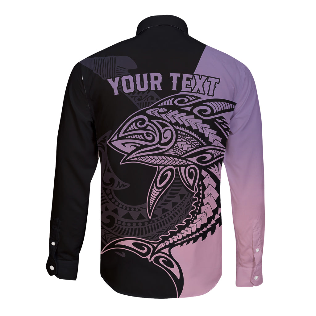 Personalised Polynesia Fishing Long Sleeve Button Shirt With Maori Hei Matau Fish Hook Pastel Art - Wonder Print Shop
