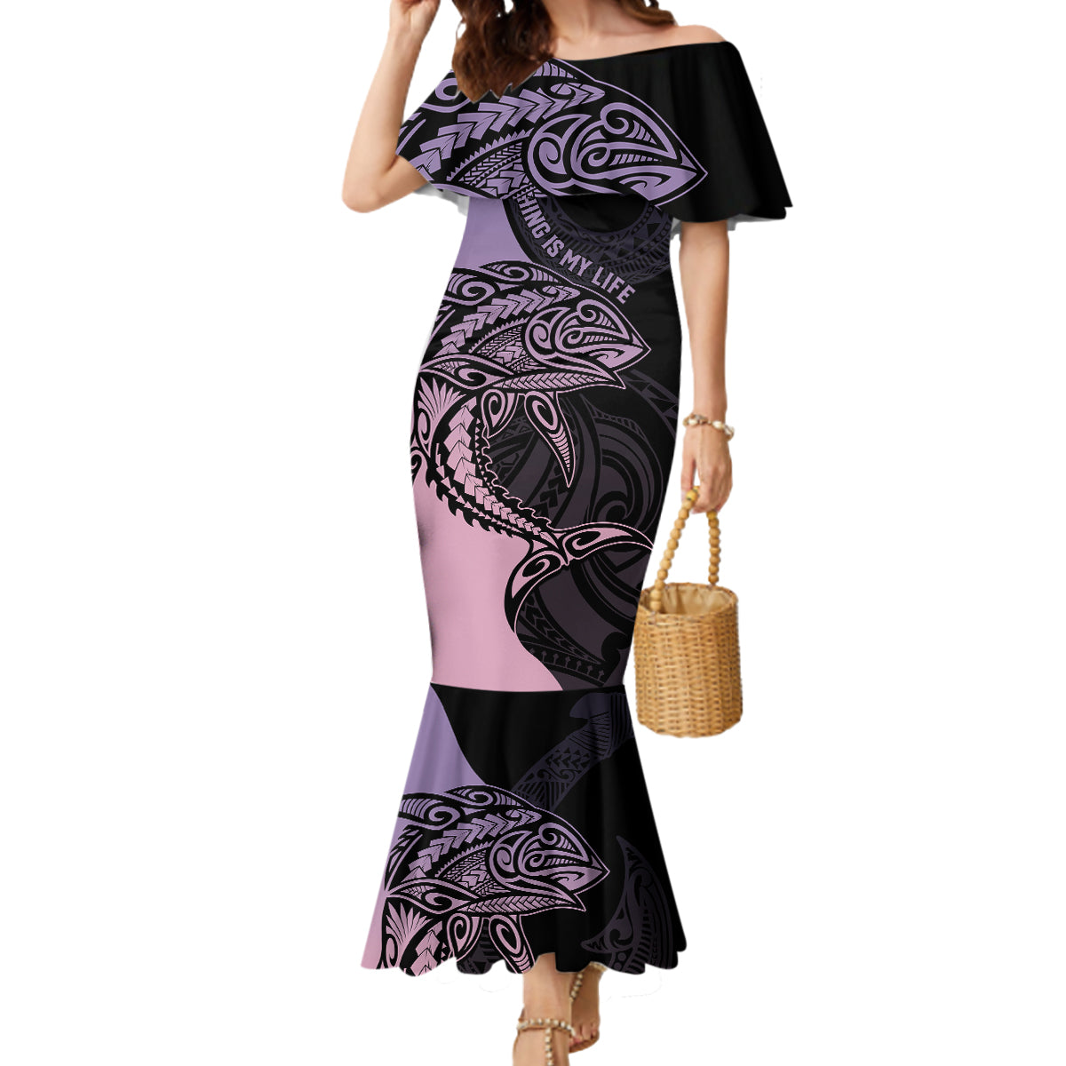 Personalised Polynesia Fishing Mermaid Dress With Maori Hei Matau Fish Hook Pastel Art - Wonder Print Shop