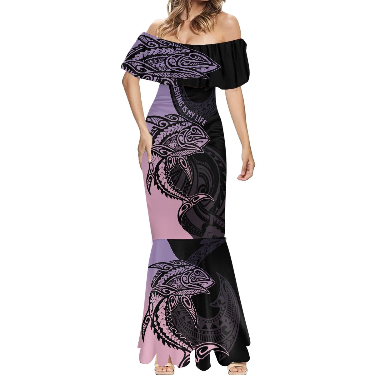 Personalised Polynesia Fishing Mermaid Dress With Maori Hei Matau Fish Hook Pastel Art - Wonder Print Shop