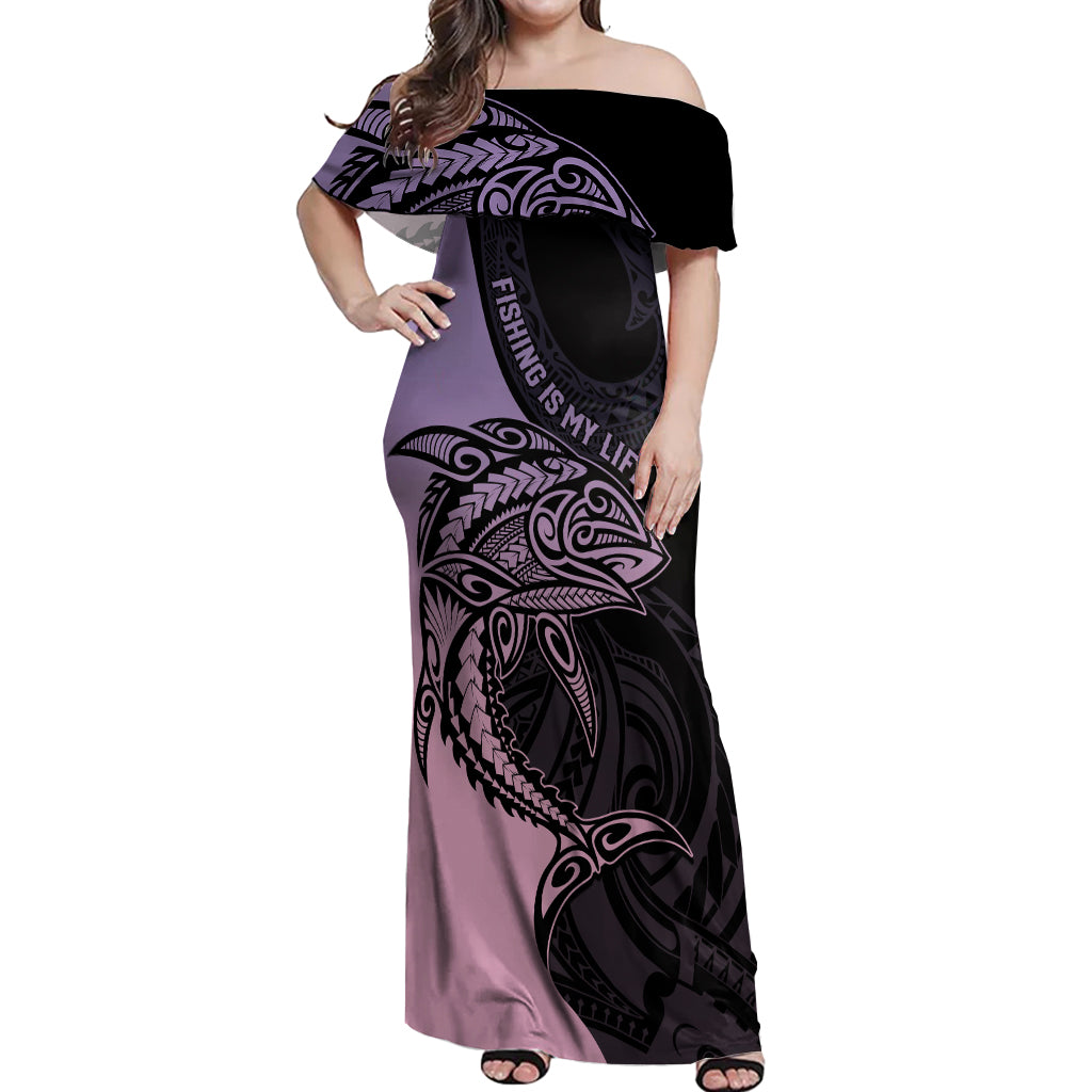 Personalised Polynesia Fishing Off Shoulder Maxi Dress With Maori Hei Matau Fish Hook Pastel Art - Wonder Print Shop