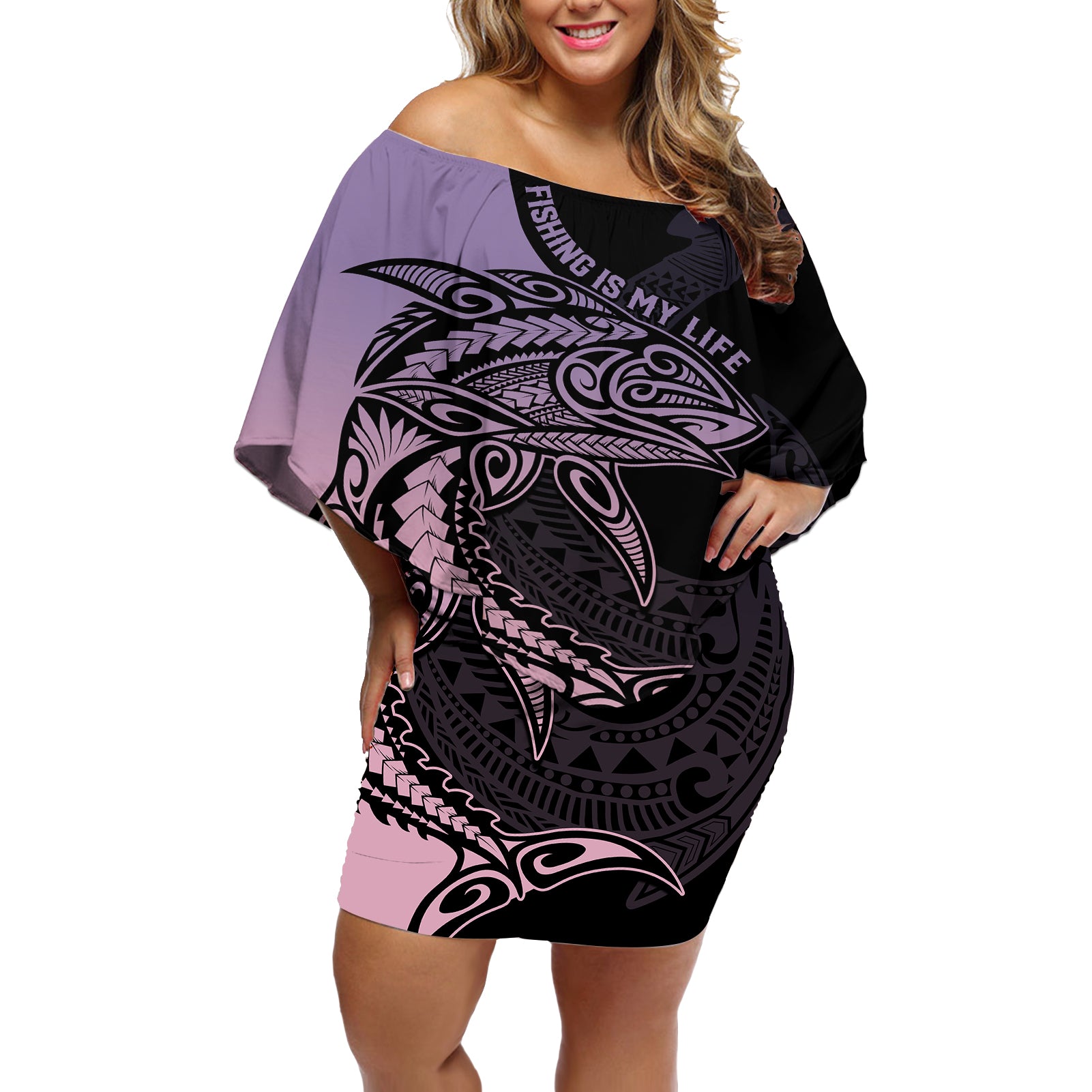 Personalised Polynesia Fishing Off Shoulder Short Dress With Maori Hei Matau Fish Hook Pastel Art - Wonder Print Shop