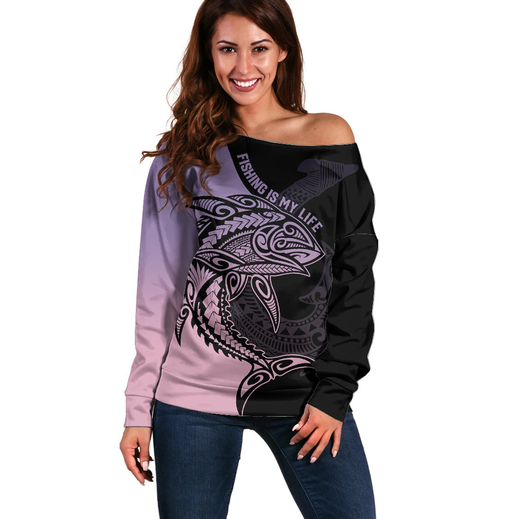 Personalised Polynesia Fishing Off Shoulder Sweater With Maori Hei Matau Fish Hook Pastel Art - Wonder Print Shop