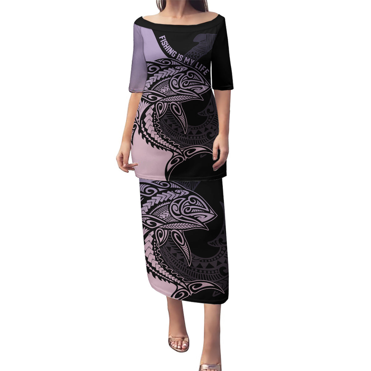 Personalised Polynesia Fishing Puletasi With Maori Hei Matau Fish Hook Pastel Art - Wonder Print Shop