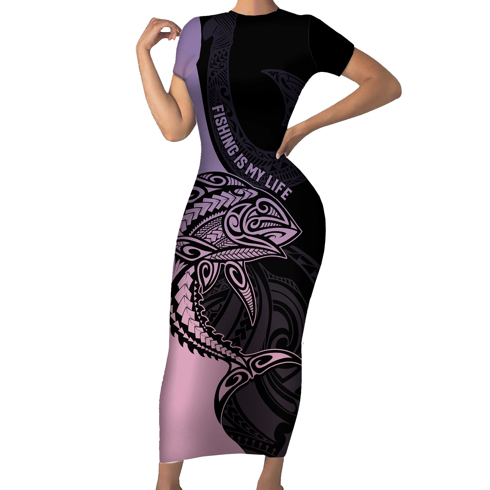 Personalised Polynesia Fishing Short Sleeve Bodycon Dress With Maori Hei Matau Fish Hook Pastel Art - Wonder Print Shop