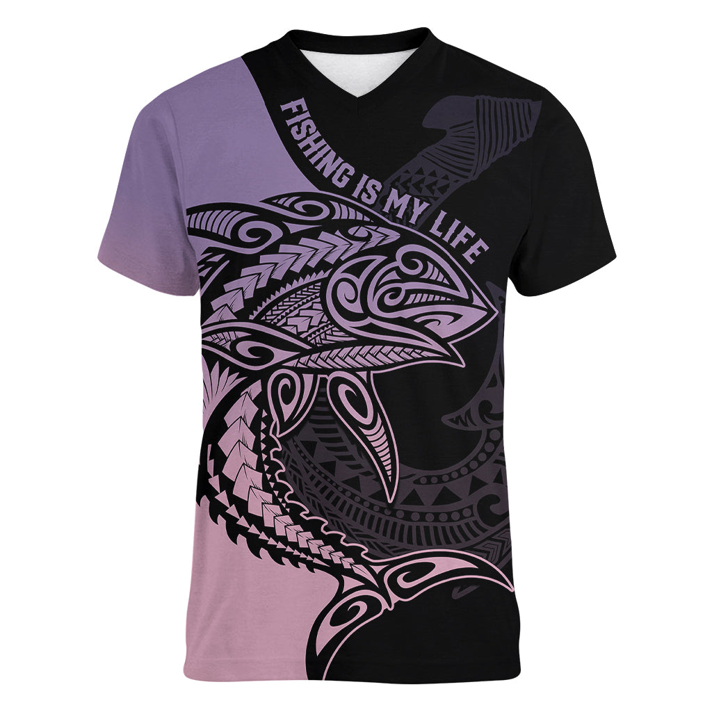 Personalised Polynesia Fishing Women V Neck T Shirt With Maori Hei Matau Fish Hook Pastel Art - Wonder Print Shop