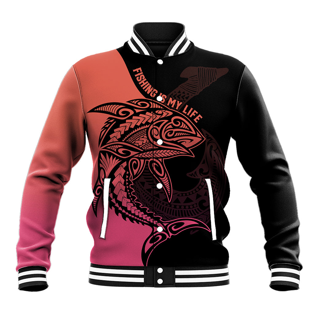 Personalised Polynesia Fishing Baseball Jacket With Maori Hei Matau Fish Hook Pink Art LT9 - Wonder Print Shop