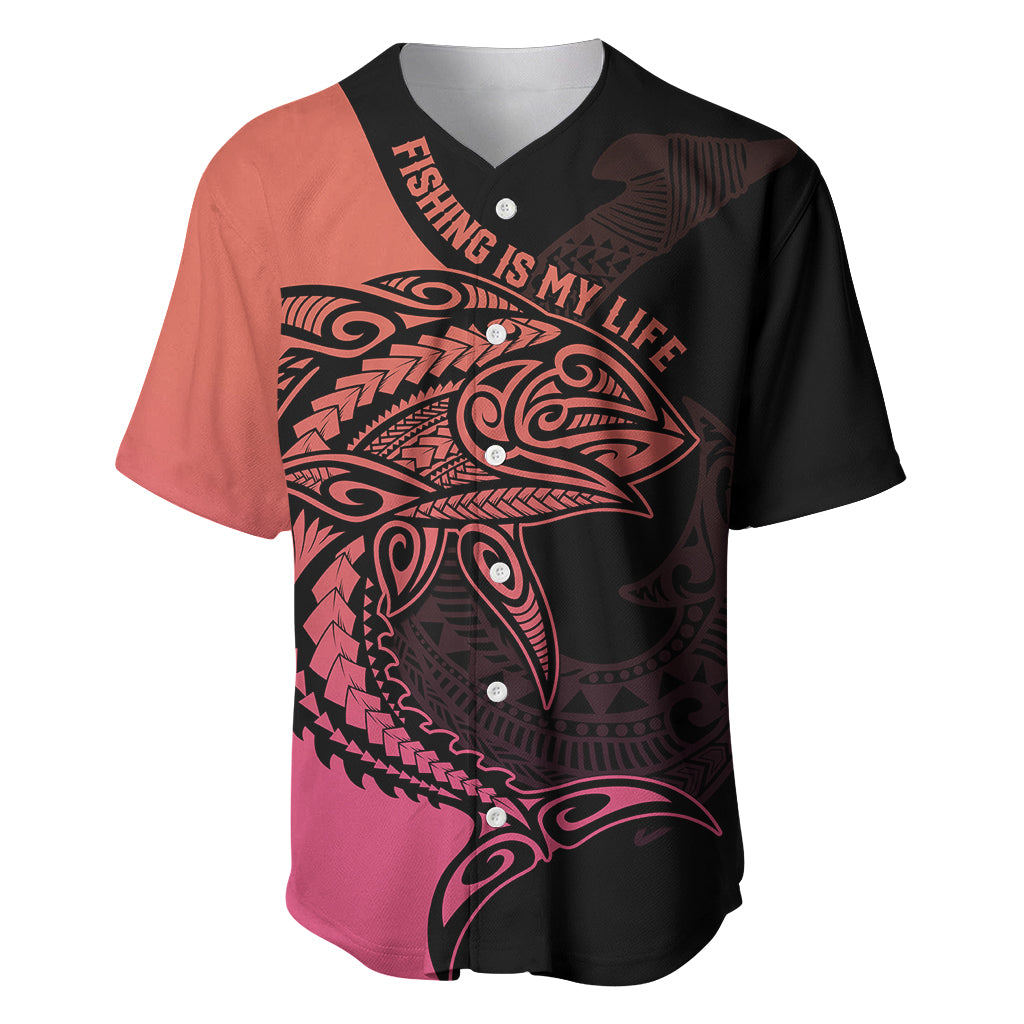 Personalised Polynesia Fishing Baseball Jersey With Maori Hei Matau Fish Hook Pink Art LT9 - Wonder Print Shop