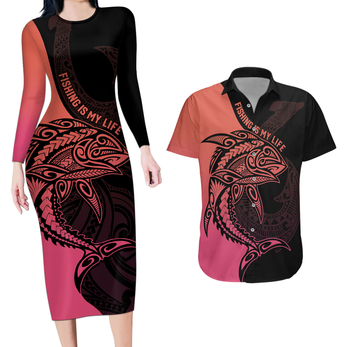 Personalised Polynesia Fishing Couples Matching Long Sleeve Bodycon Dress and Hawaiian Shirt With Maori Hei Matau Fish Hook Pink Art LT9 - Wonder Print Shop