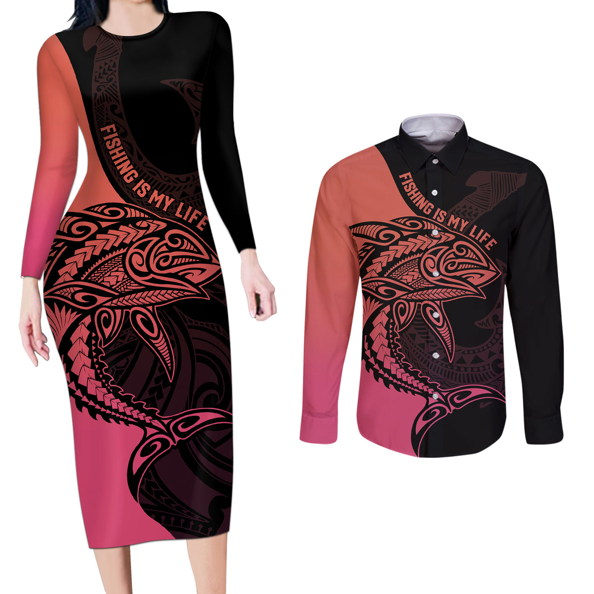 Personalised Polynesia Fishing Couples Matching Long Sleeve Bodycon Dress and Long Sleeve Button Shirts With Maori Hei Matau Fish Hook Pink Art LT9 - Wonder Print Shop